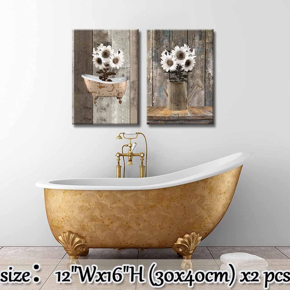 2 Pcs Framed Rustic Farmhouse White Sunflowerf Canvas Wall Art Vintage Flower Wood Grain Bathtub Pictures Paintings Posters Prints Wall Decor for Bathroom Living Room Bedroom Hotel Artwork 12x16inch×2
