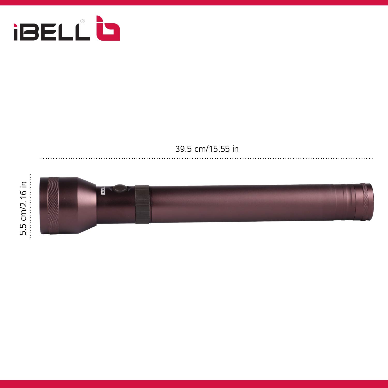 Dimensions of IBELL FL8289 flashlight: 39.5 cm length and 5.5 cm diameter.