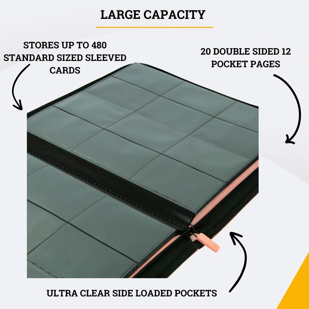 Card Guardian - 12 Pocket Premium Binder with Zipper for 480 Cards - Side Loading Pockets for Trading Card Games TCG (Pink)