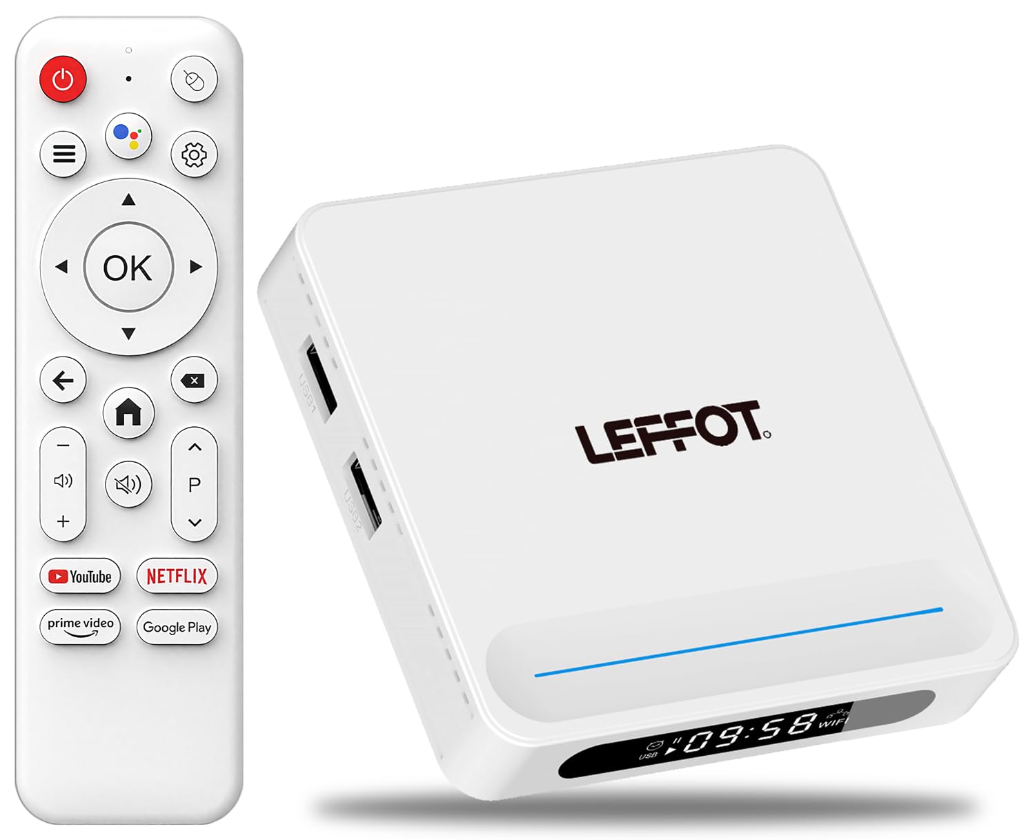 LEFFOT Android TV Box 2025, 4GB RAM / 128GB ROM, 4K Ultra HD TV-Box Android 14, Smart TVBox con Control de Voz, 2.4G y 5G WiFi6, BT 5.4, 100M Ethernet, HDR10, Allwinner H618 Quad-Core A53