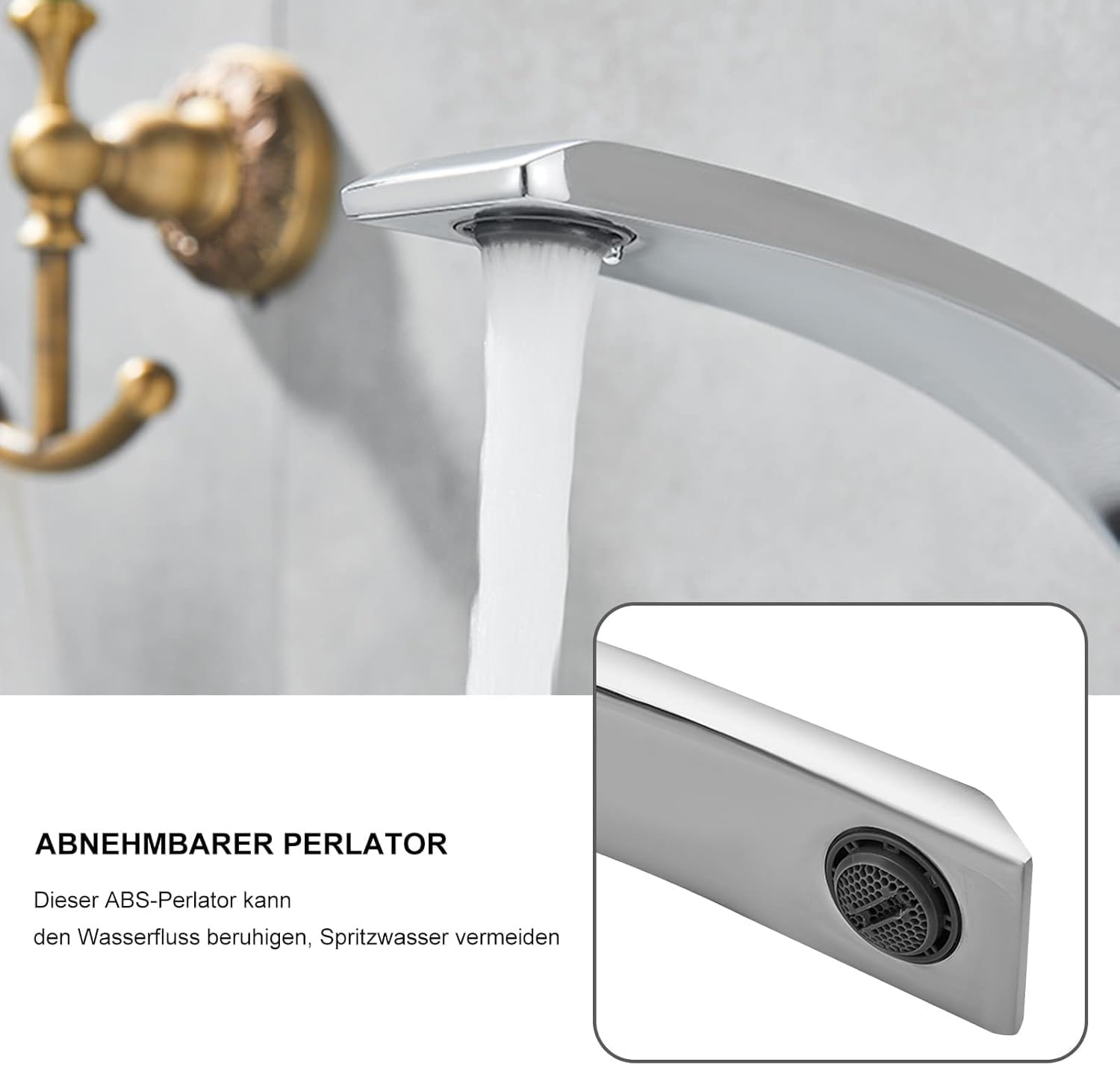 Waschtischarmatur Wasserfall Design, Bad Wasserhahn Mischbatterie Einhandmischer Edelstahl Chrom Messing, Warm/Kalt einstellbar, Waschbecken Armatur für Badezimmer Waschraumarmaturen
