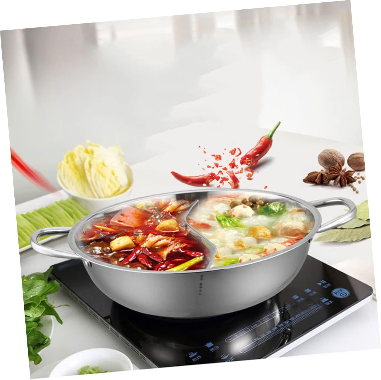 PRETYZOOM Food Grade Stainless Steel Hot Pot Non-stick Cookware Glass Lid Dual Sided for Shabu Shabu