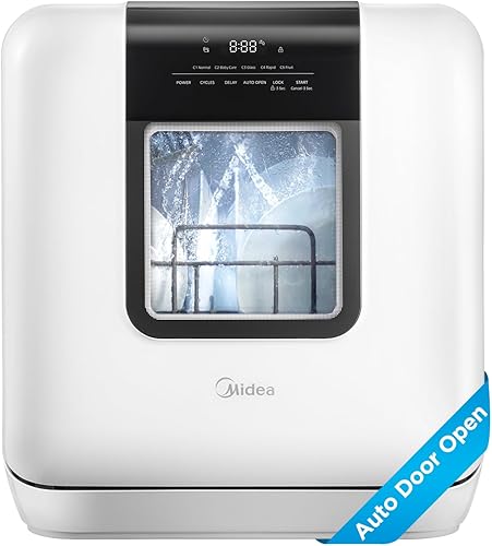 Midea MDC17P2DWW Lavavajillas portátil para encimera con tanque de agua integrado de 6 L (1.59 G), 5+2 programas, apertura automática de puerta,