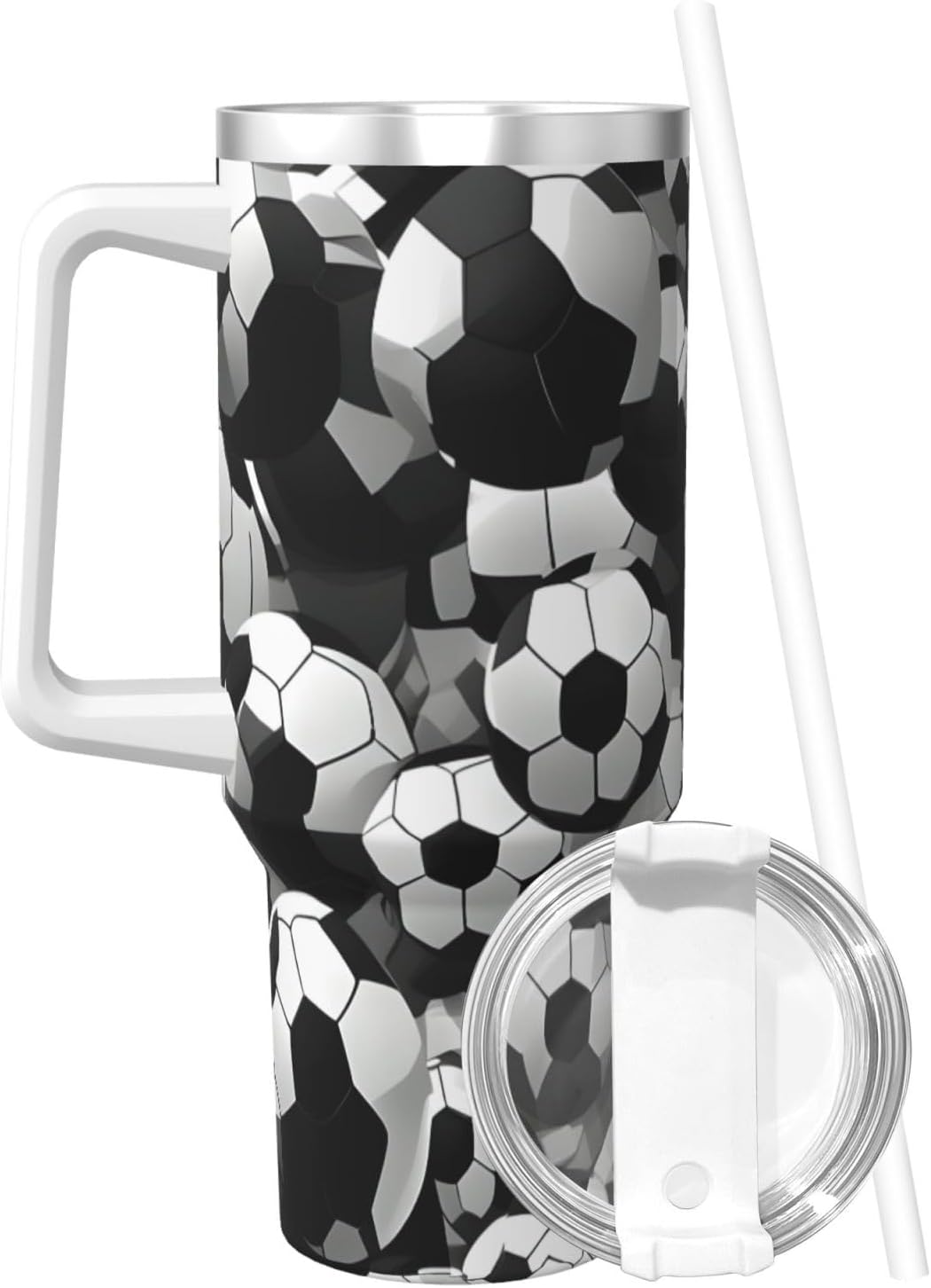 40 OZ Black and White Soccer Ball Pattern Print Ice Bully Cup with Handle Straw Lid Straw,Stainless Steel Tumbler Coffee Cup