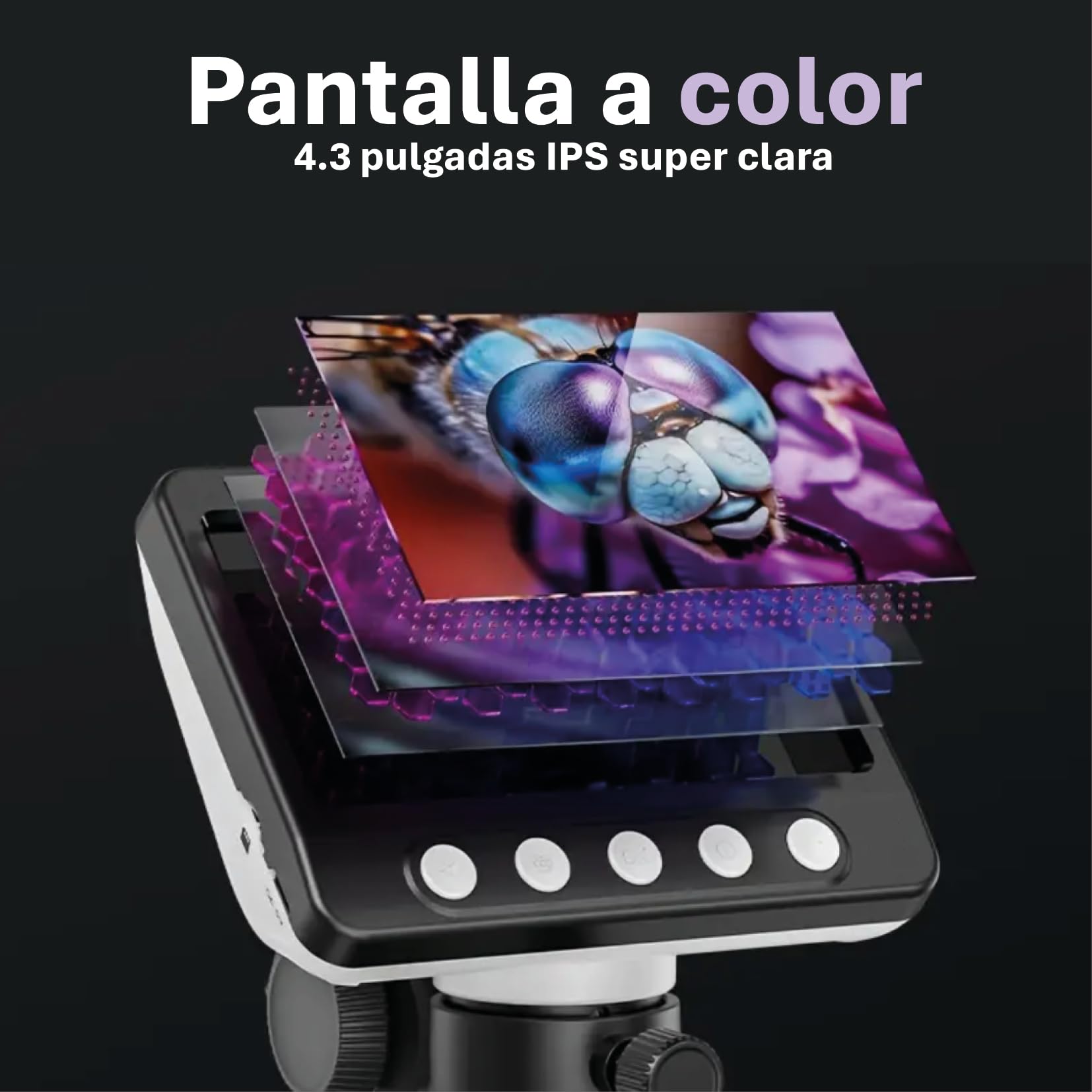 Microscopio Digital electrónico portátil con cámara de 4,3 Pulgadas y USB 2MP. Microscopio niños y Adultos 1080 y 1000x de Aumento. Ideal para deramtoscopios, inspección, investigación y educación