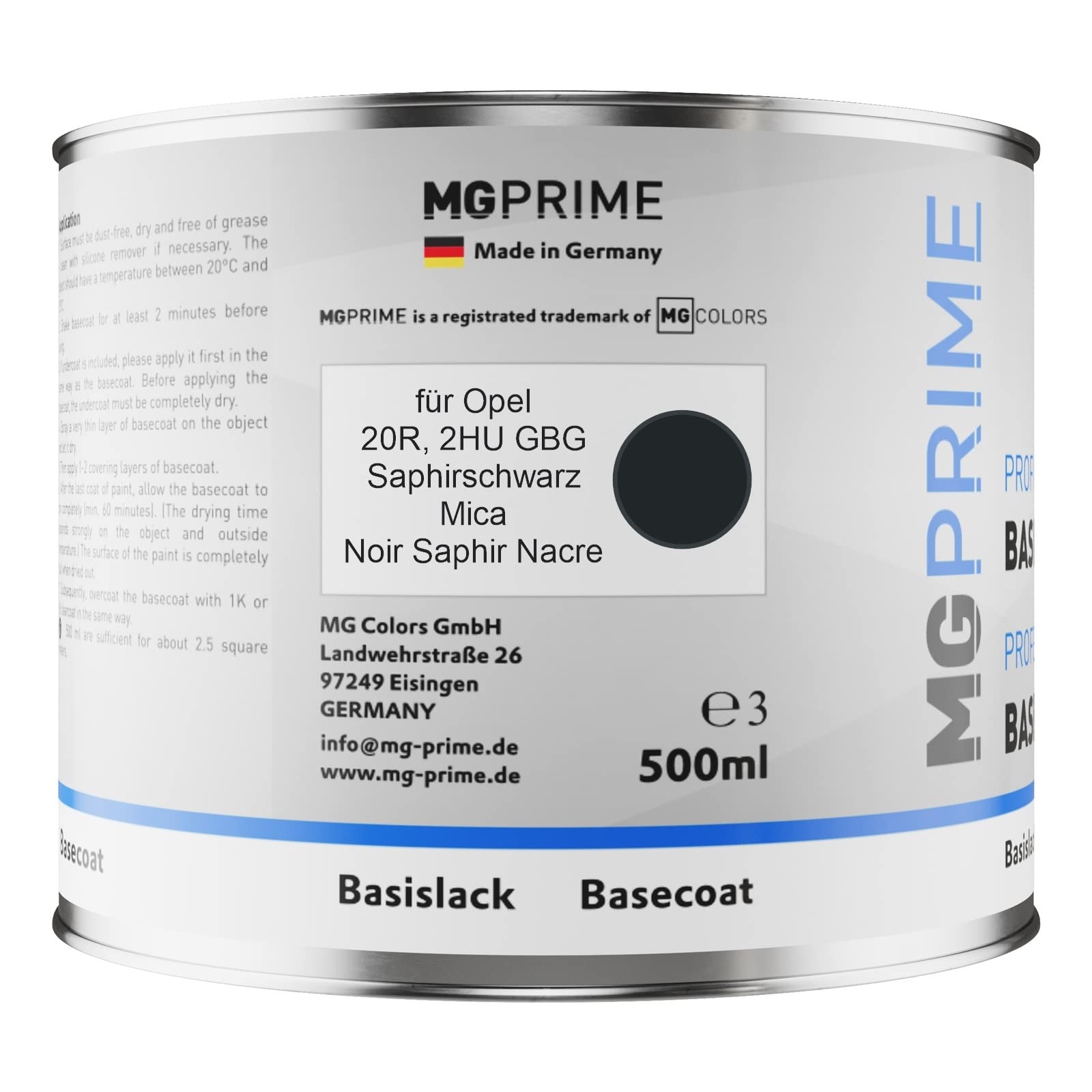 MG PRIME Lakier samochodowy Zestaw puszka gotowa do natrysku dla Opel 20R / 2HU GBG Saphirschwarz Mica/Noir Saphir Nacre lakier bazowy + lakier bezbarwny 2K 1,25L