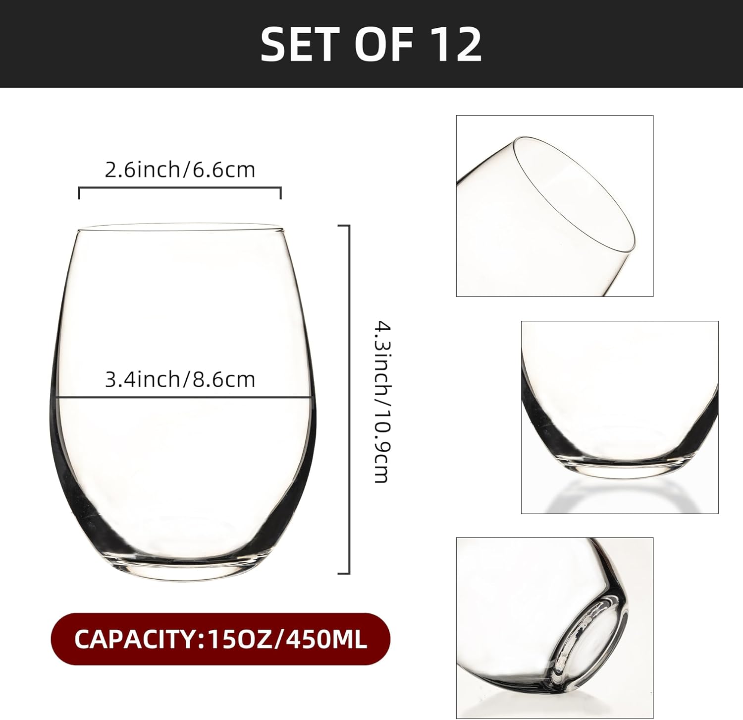 Stemless Wine Glass - Set of 12, 15 Oz Clear Cut Rim Wine Tumbler for Red, White Wine, Dishwasher Safe, Clear