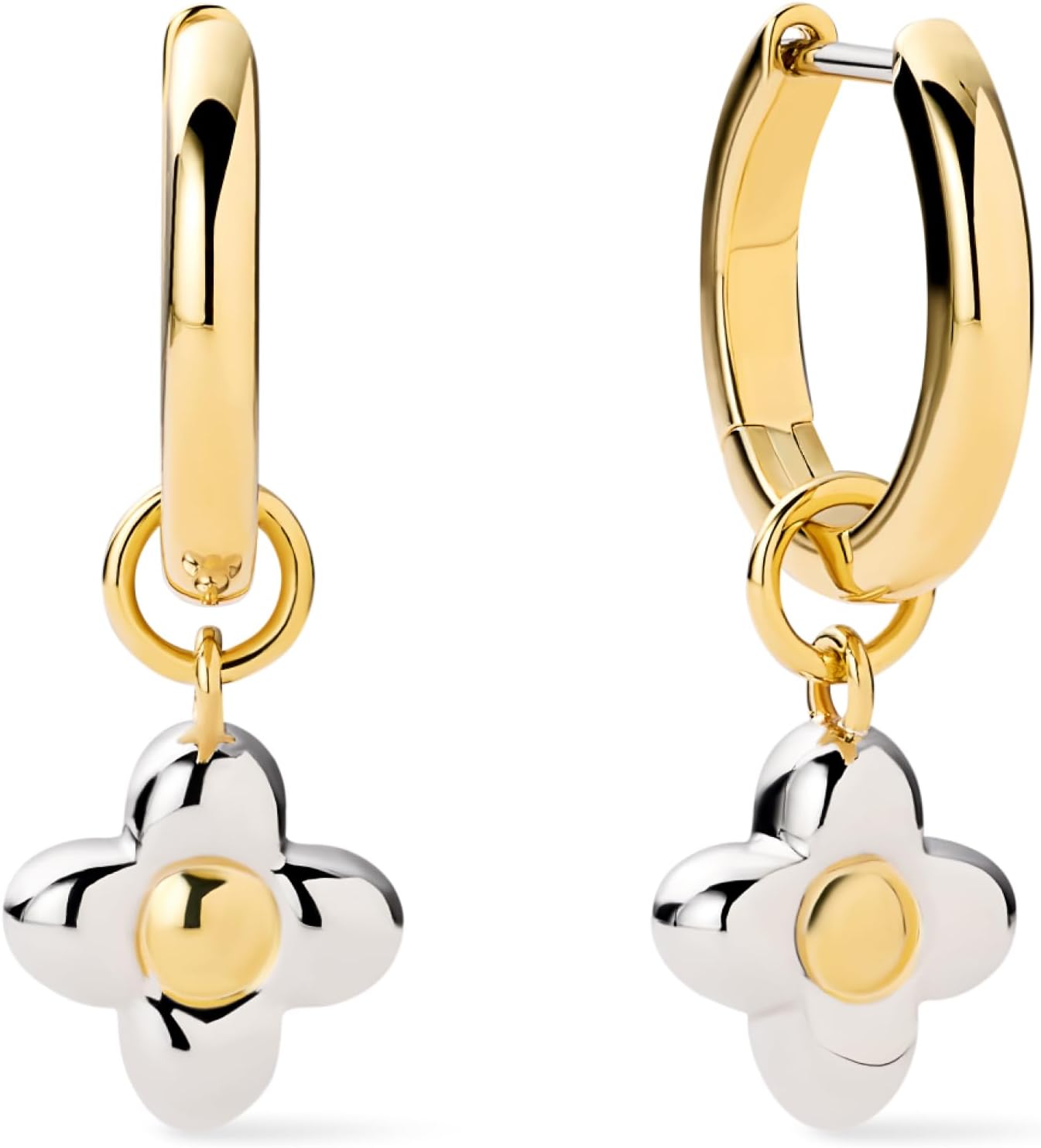 Ana Luisa Huggie Hoop Earrings - Flower Charm Pendant Earring - Dainty Mixed Metal Two Tone Earrings in 14K Gold Plated and Silver Rhodium Plated - Hypoallergenic, Water-Resistant Flower Jewelry