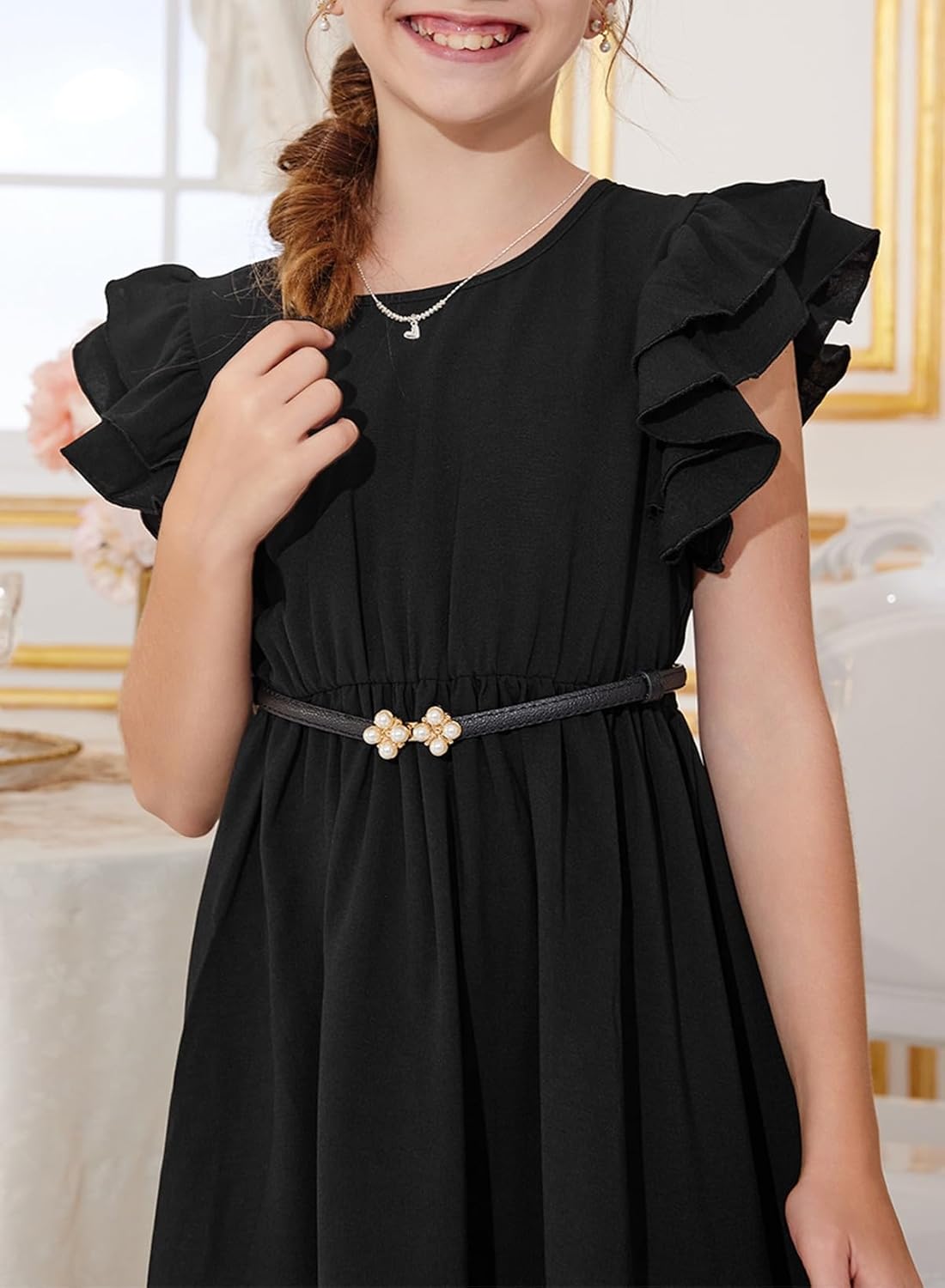 blibean Teen Girls Dresses Kids Double Layer Ruffle Sleeve Dress Size 6-15 Years 12-13 Years A Black image 6 of 8 B0CNSKMS77