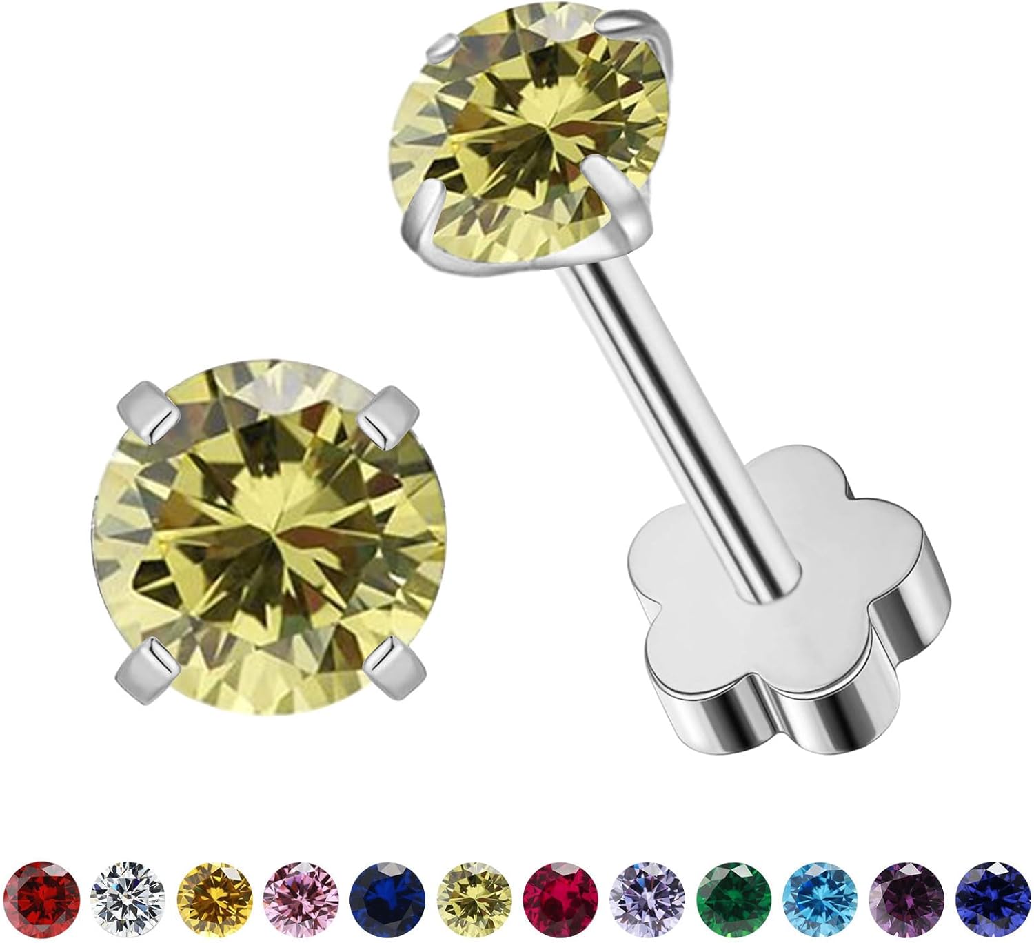 Flower Screw Back Birthstone Stud Earrings for Women Girls, 3mm G23 Tiny CZ Flat Back Stud Earrings, Screw Back Helix Earrings