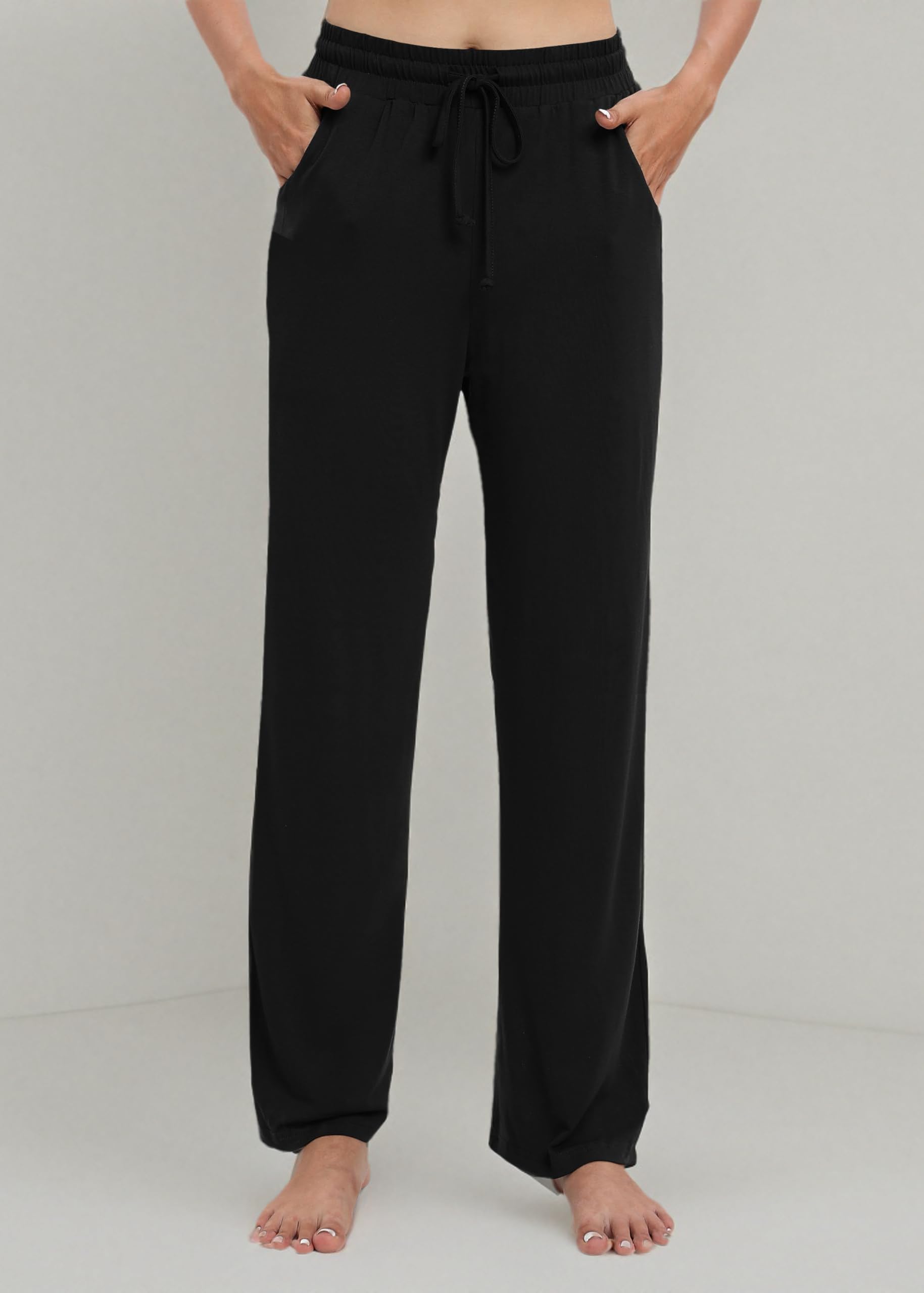 Women's Drawstring Casual Pants Stretchy High Waisted Loose Straight Leg Pants Jogger Trousers with Pockets