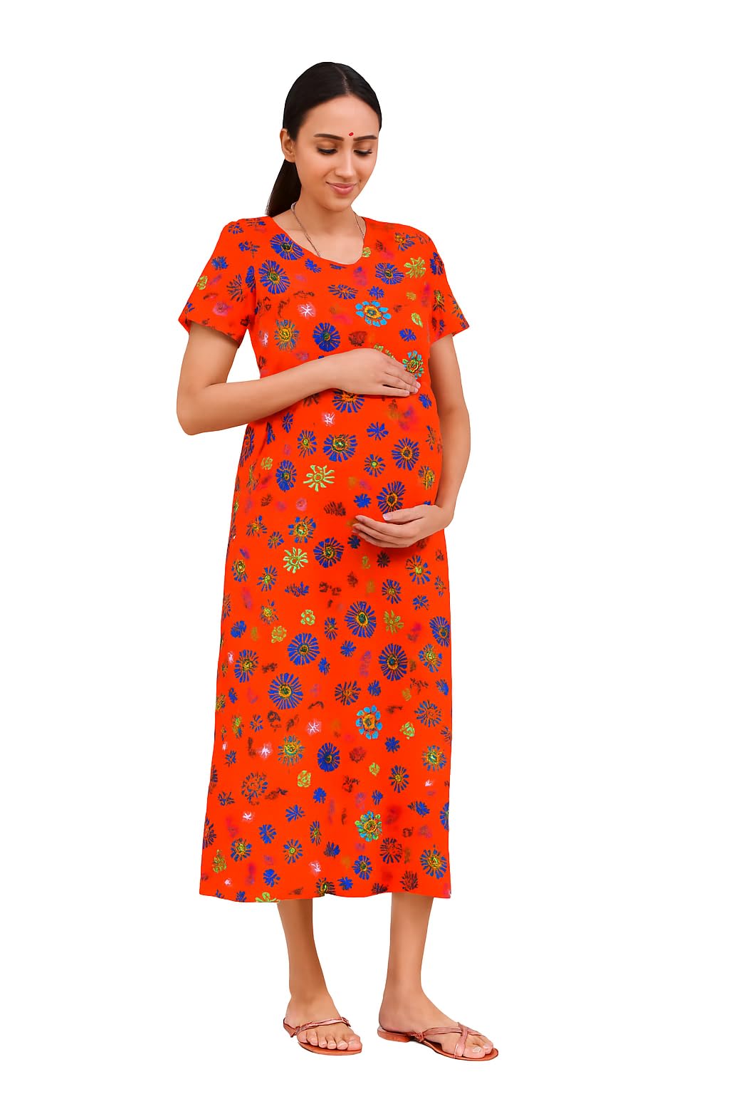 Women's Orange Cotton Maternity & Feeding Nighty – Soft Floral Printed Nursing Dress | Ideal for All Seasons |-picture-11