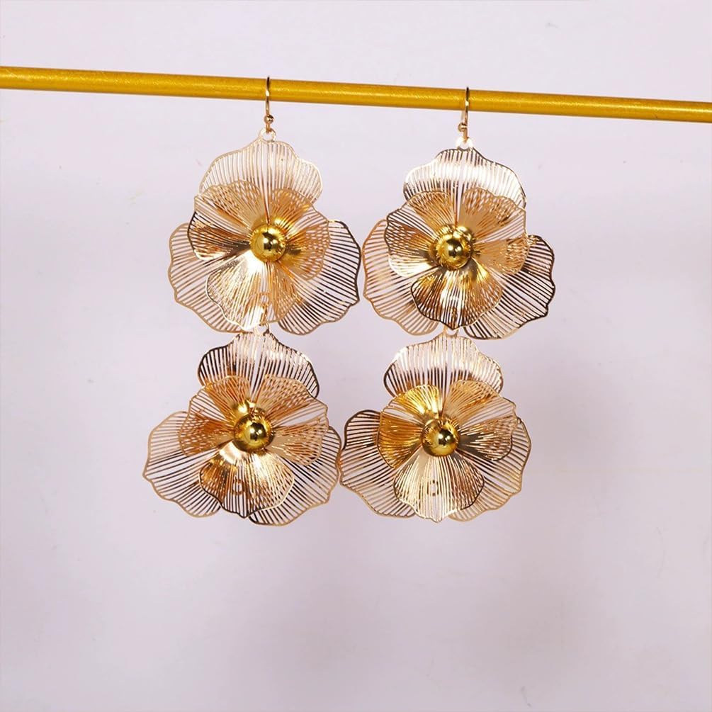 Dainty Large Gold Double Flower Drop Dangle Earrings for Women Statement Trendy Y2K Silver Floral Petal Stud Earring Boho Jewelry Costume Accessories - Image 7