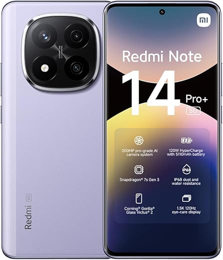 Xiaomi Smartphone Redmi Note 14 Pro+ 5G, 8+256GB, fotocamera AI di livello professionale da 200MP, IP68, HyperCharge da 120W, funzionalità AI (caricabatterie non incluso), Viola