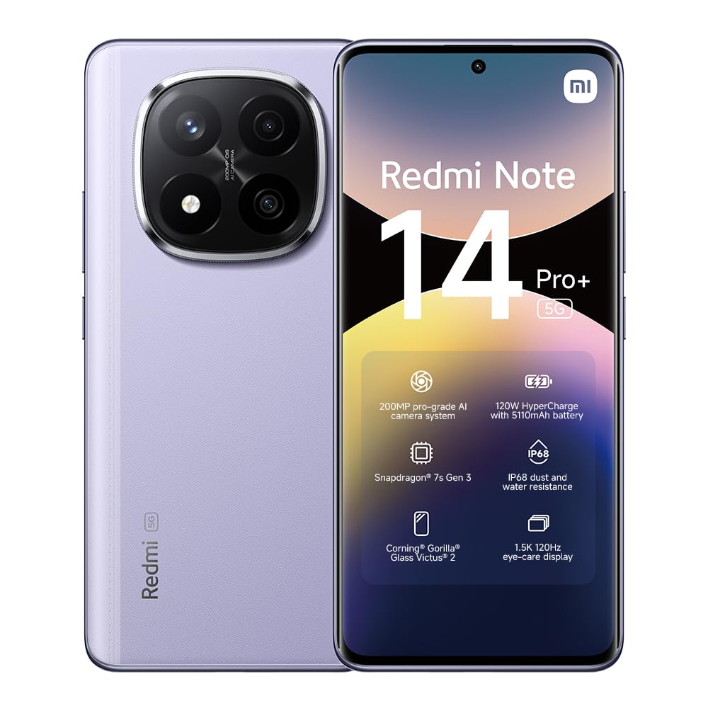 XIAOMI Smartphone Redmi Note 14 Pro+ 5G, 8+256GB, fotocamera AI di livello professionale da 200MP, IP68, HyperCharge da 120W, funzionalità AI (caricabatterie non incluso), Viola
