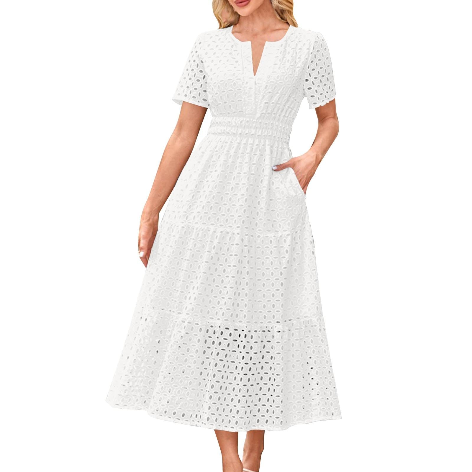 Eyelet Dresses for Women 2025 Cotton Short Sleeve Dresses Casual V Neck Maxi Sundress Summer Vacation Sundress