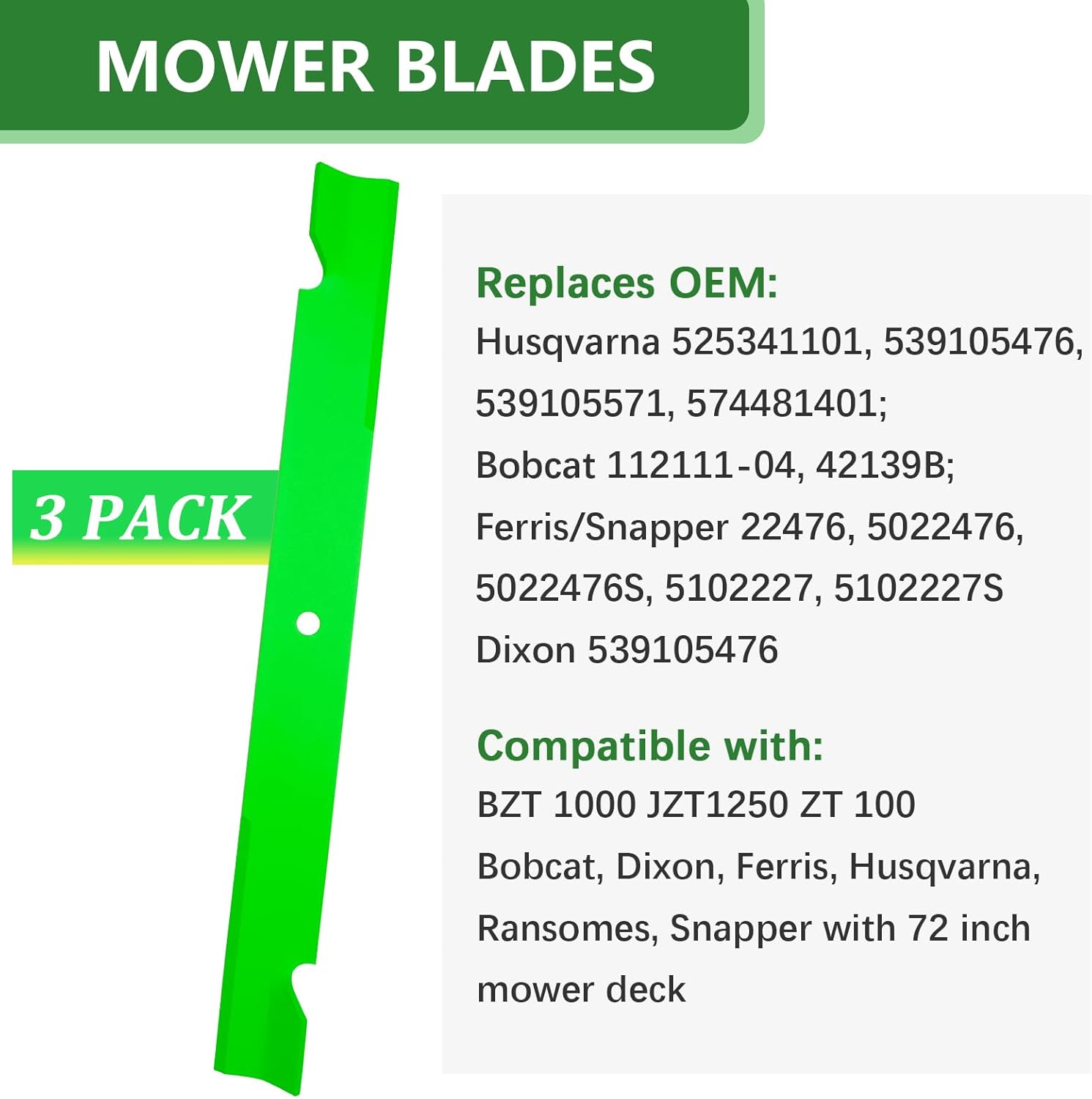 5102227 High Lift Blades Fit for 72 inch Hus qvarna Bob cat Fe rris 3100 4000 4500 3100Z 3200Z F320Z Mower Deck Replaces 574481401 112111-04 3 Pack