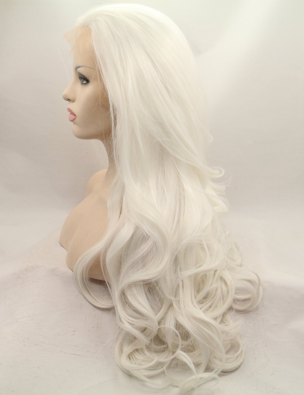 morvally 24" Long Wavy 60# Platinum Blonde Glueless Lace Front Wig Free Part Natural Straight Heat Resistant Synthetic Hair Wigs