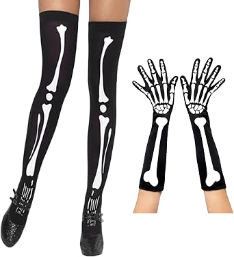 2PCS Halloween Skeleton Gloves Stockings Set,Halloween Long Stock Gloves Halloween Party Dress Up Custome