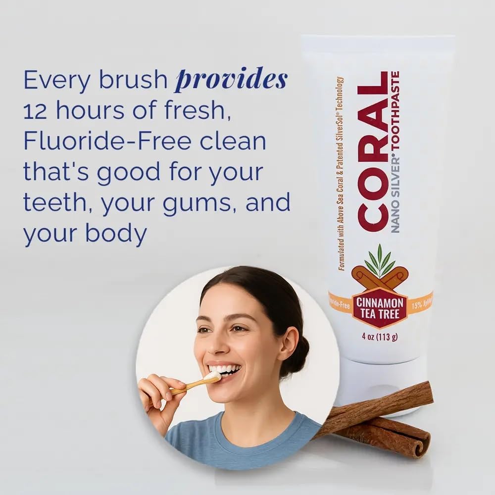 Coral Nano Silver Cinnamon Tea Tree Toothpaste, Natural Fluoride Free Teeth Whitening Toothpaste, Coral Calcium Nano Silver Infused SLS Free 4 Ounce
