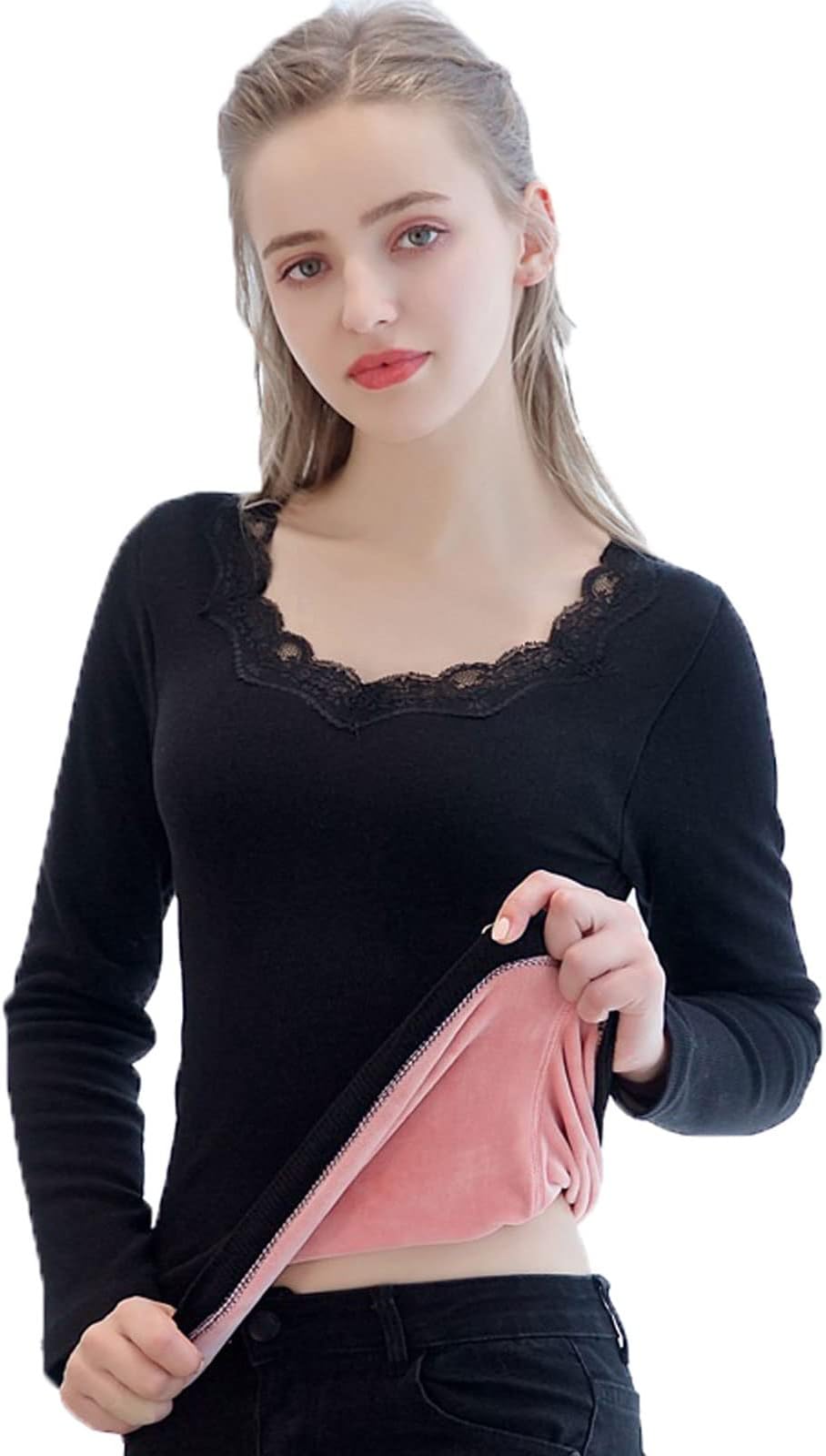 ZOIKOM Thermal Underwear， Winter Ladies Thermal Underwear Slim Body Care Collar Design Fleece Ladies Winter Clothing Thermal Pullover (Color : Hortel�, Size : L 47.5-57.5KG)