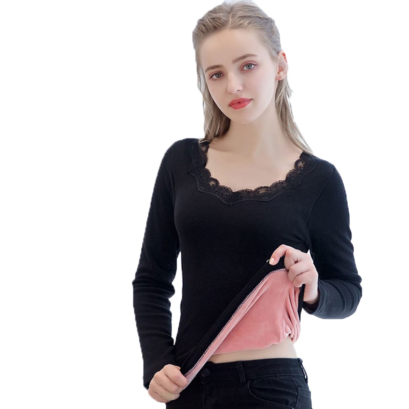 ZOIKOM Thermal Underwear， Winter Ladies Thermal Underwear Slim Body Care Collar Design Fleece Ladies Winter Clothing Thermal Pullover (Color : Hortel�, Size : L 47.5-57.5KG)