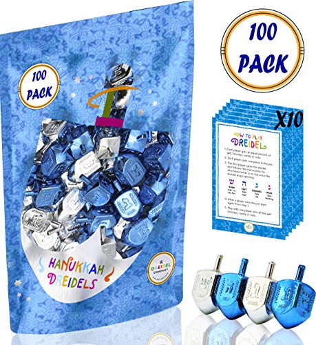 The Dreidel Company 100-Pack Hanukkah Plastic Silver & Blue Metallic Dreidels with English Translation, Spinning Tops Includes Dreidel Game Instruction Card