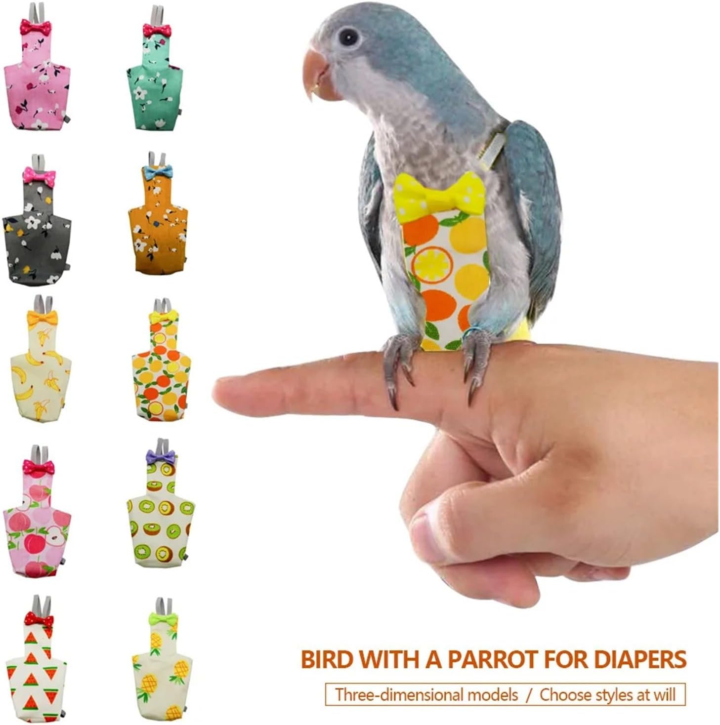 Bird Diaper, Parrot Diaper with Bowtie Cute Colorful Fruit Floral Cockatiel Pigeons Pet Birds Flight Suit Clothes Reusable,for Bird(H,Small)