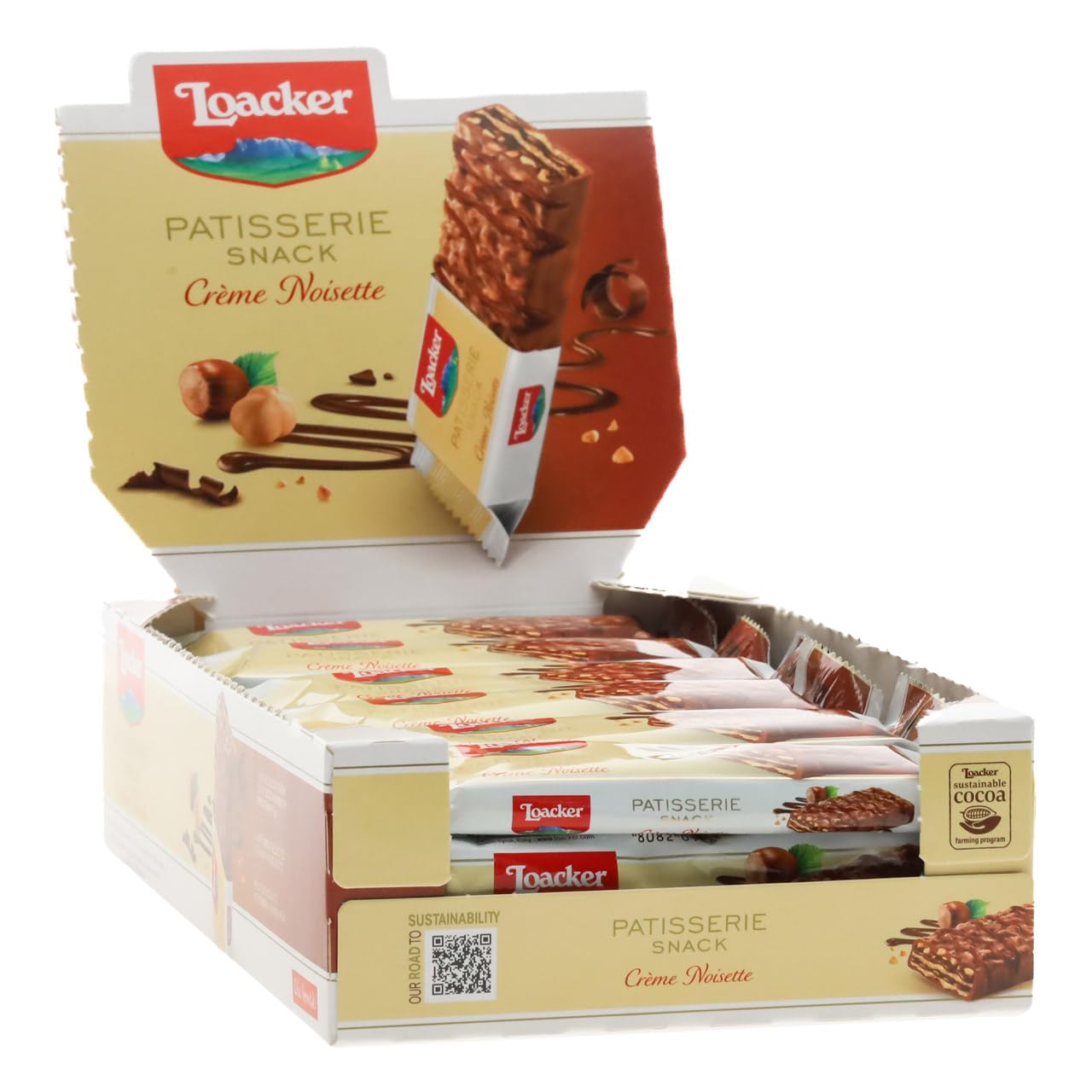 Loacker, Patisserie Snack Crème Noisette, Fragranti Cialde Wafer con Crema alla Nocciola e Ricoperte di Cioccolato, Merenda e Snack, Formato Convenienza, 1 Confezione Display da 24 Monoporzioni da 21g