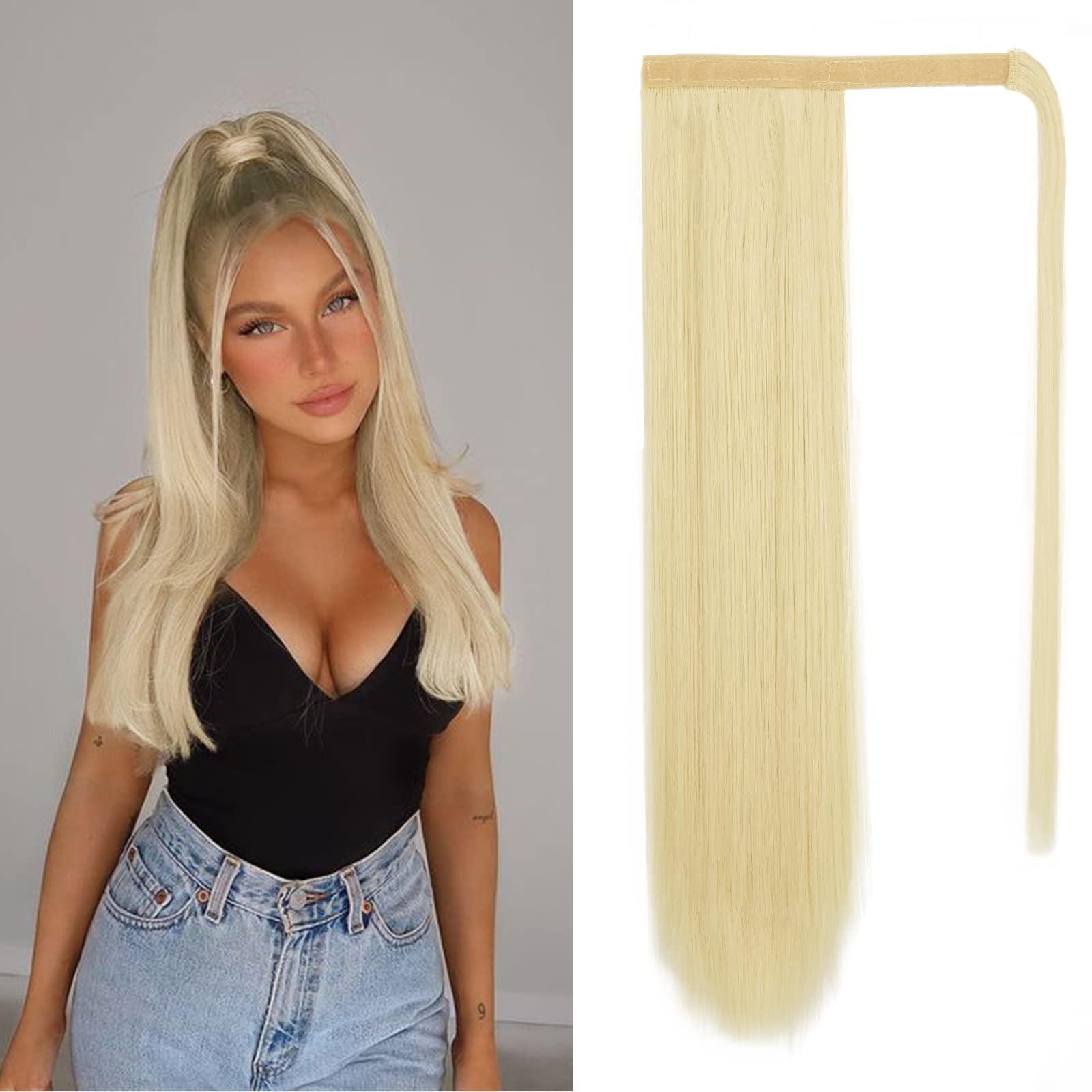 BARSDAR Bleach Blonde Straight Ponytail Extension - 26 Inch Long Straight Wrap Around Ponytail for Women, Clip in Ponytails Hair Extensions Synthetic