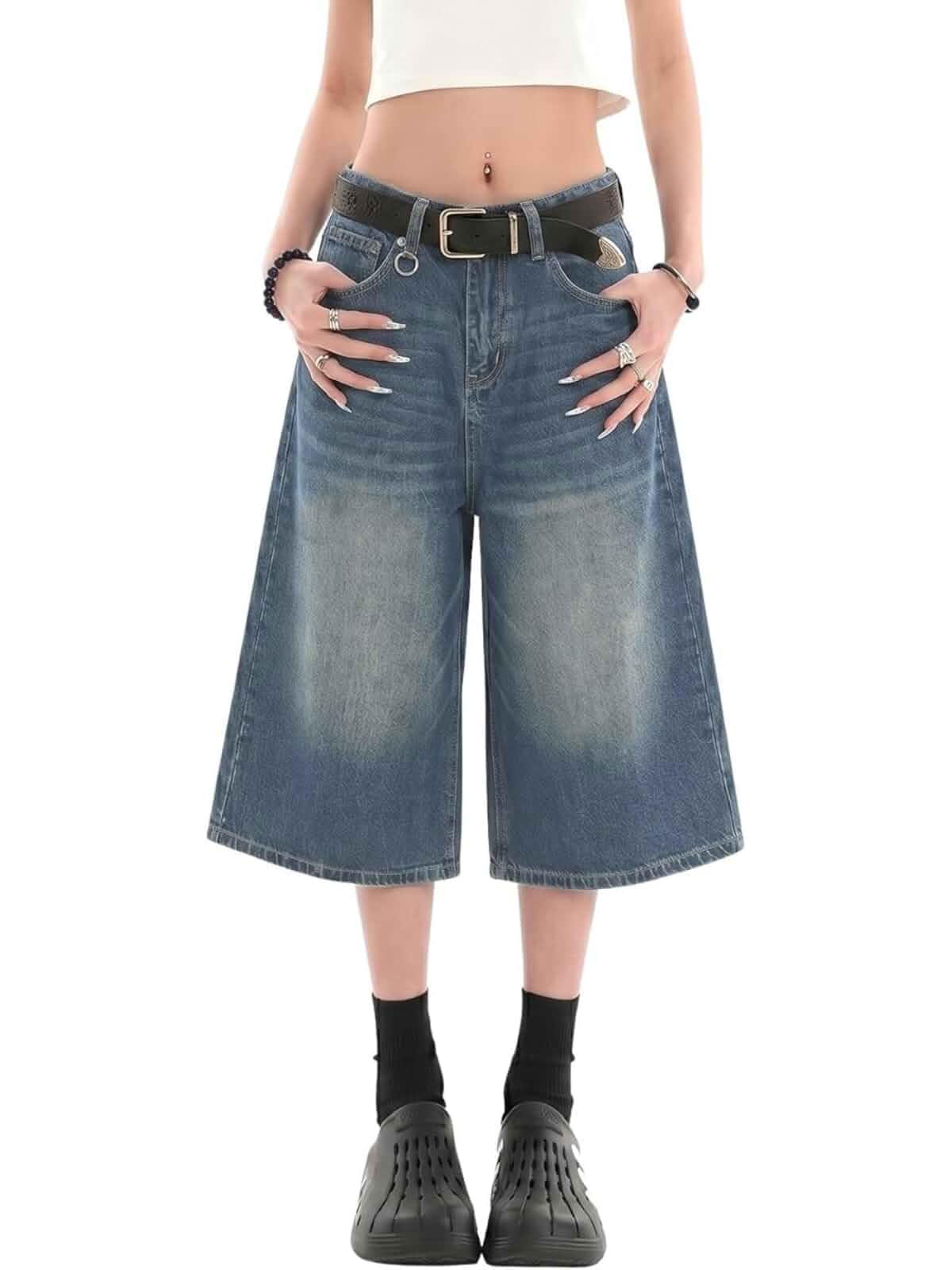 Baggy Jorts Women Y2K Capri Wide Leg Long Jean Shorts Summer Cropped Jeans,High Waisted,Oversized Jorts,Hangable Design,Classic 4 Pockets,Streetwear Clothes,Business Casual Outfits