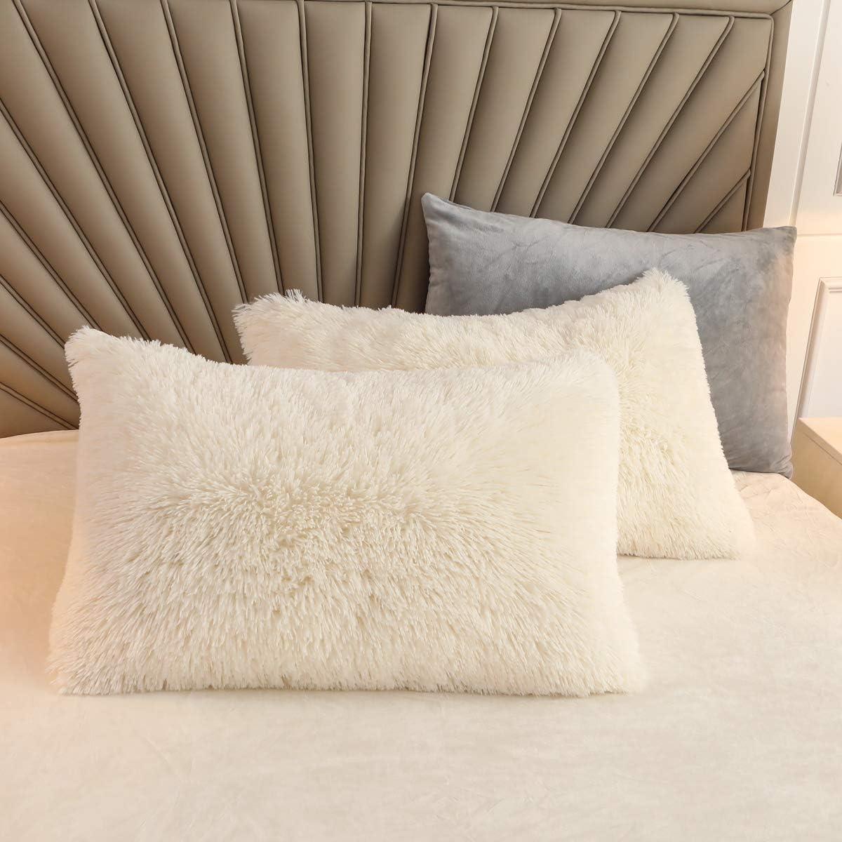 XIYU Shaggy Plush Faux Fur Pillowcases 2 Pack Fluffy Decorative Pillow Shams Zipper Closure (King, Beige)