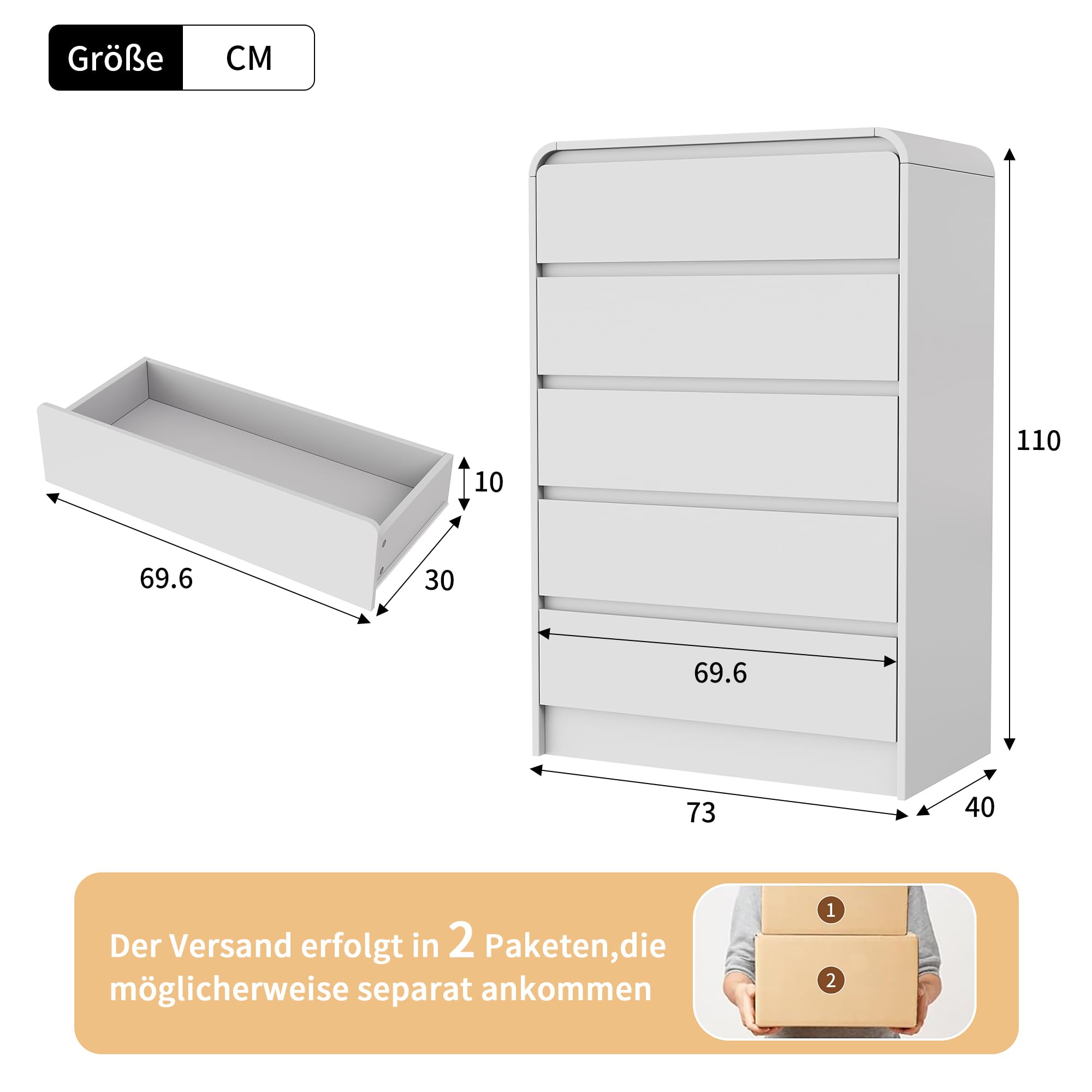 Cassettiera alta 5 cassetti con LED RGB, mobile portaoggetti bianco senza maniglie, cassettiera stretta moderna per camera da letto adulto o bambino, design minimalista salvaspazio 73 x 40 x