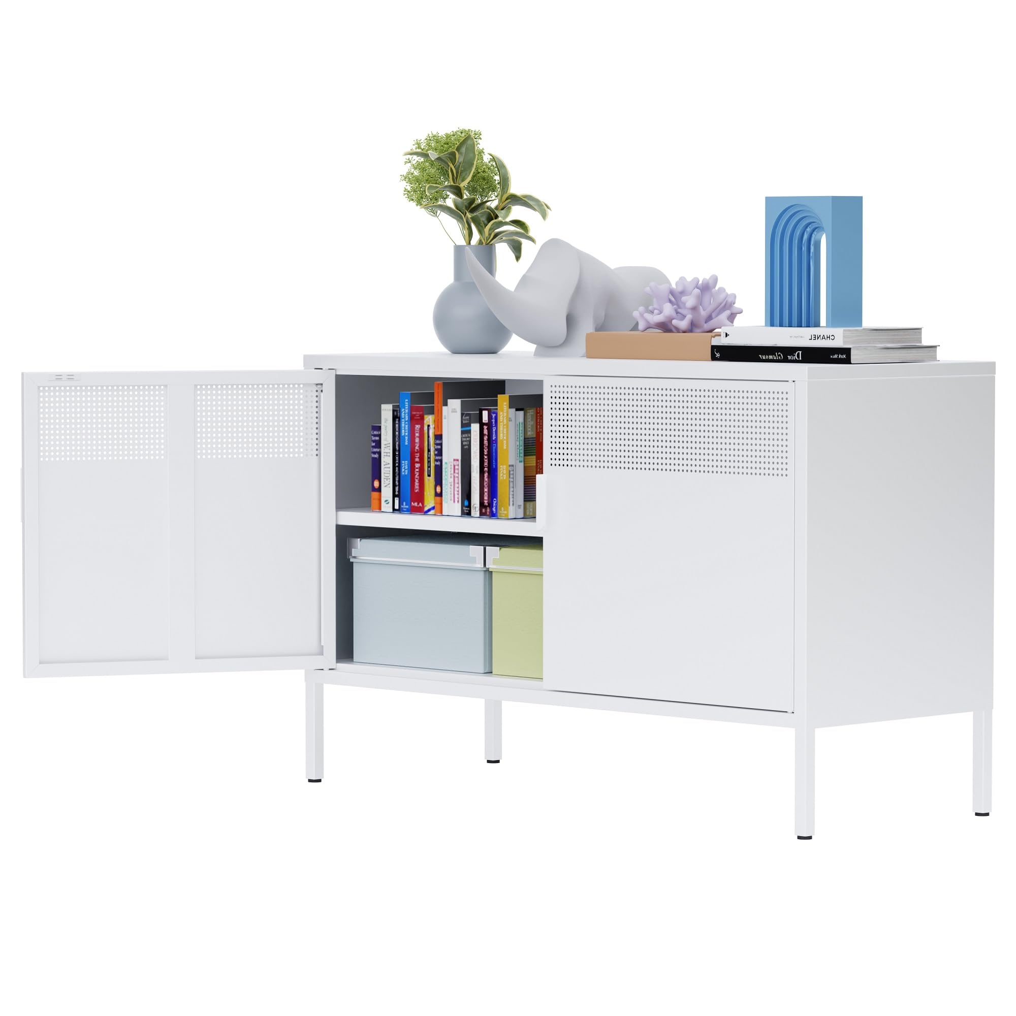 Ustamio White Metal Locker Storage Cabinet with Adjustable Shelf, Low Metal Storage Cabinet for Home Office, 2 Door Small Decorative Metal Locker Tv