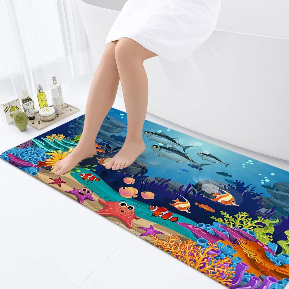 JAWO Ocean Fish Bathroom Rug for Kids, Underwater Sea Non Slip Bath Mat with Under The Sea Tropical Turtle Blue Ocean Fish Bathroom Accessories Shower Mat Kitchen Rug for Toilet Tub RV (17X48inches)
