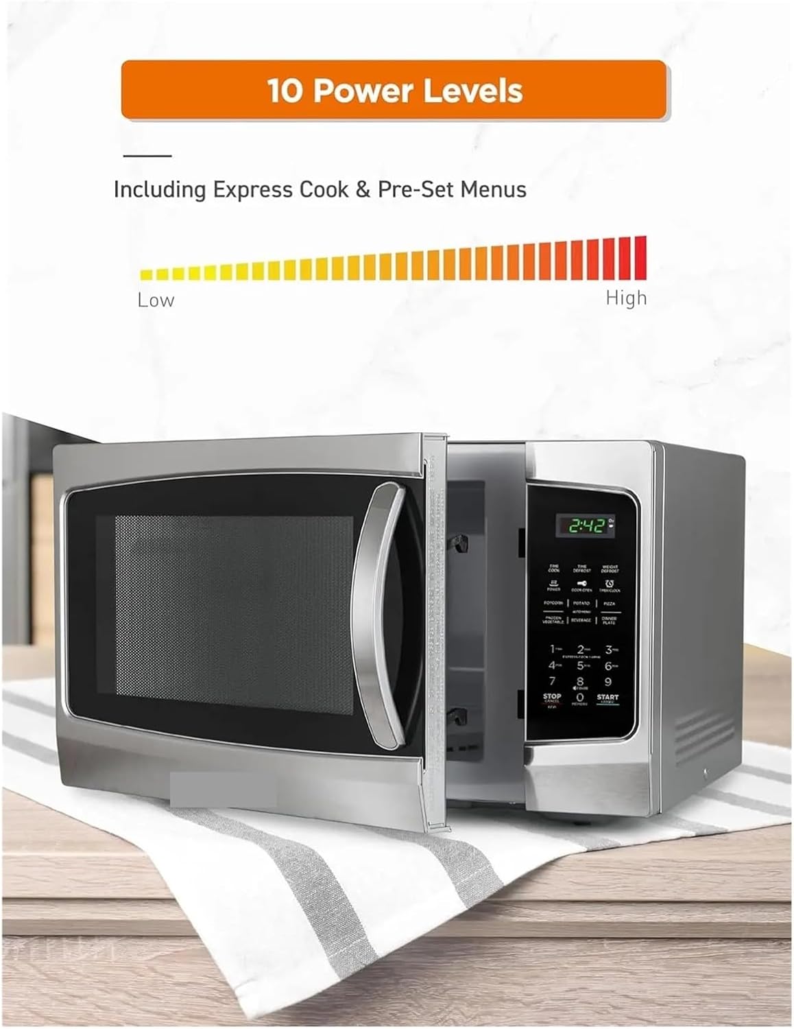 1.3 Cu Ft 1000W Countertop Microwave With 10 Power Levels, Digital Timer, Pull Handle Door Lock, Stainless Steel