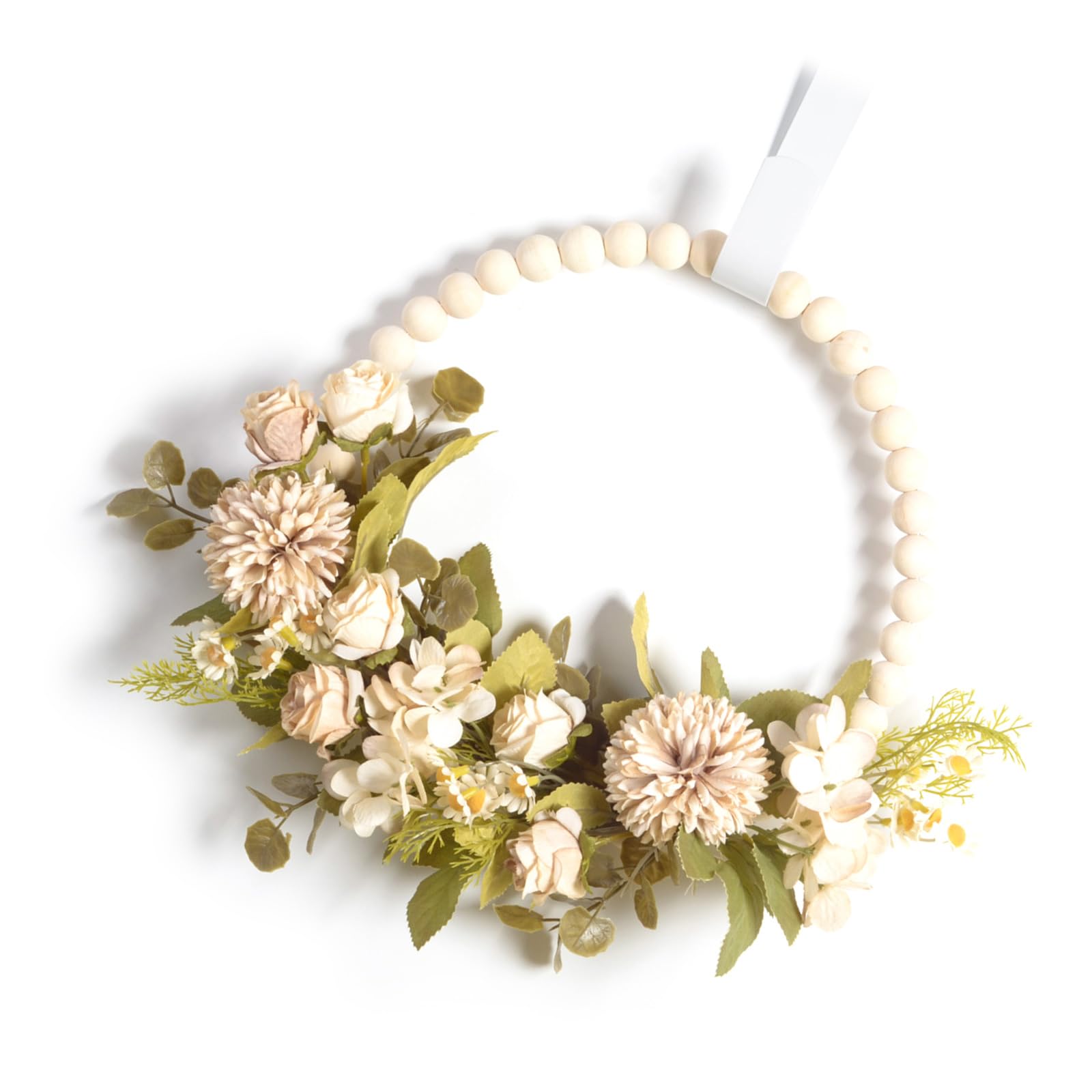 Kalttoy Wood Beads Wreath Artificial Flower Wreath Spring for Door Farmhouses Garden Wedding Thanksgiving Decoration Wood Beads