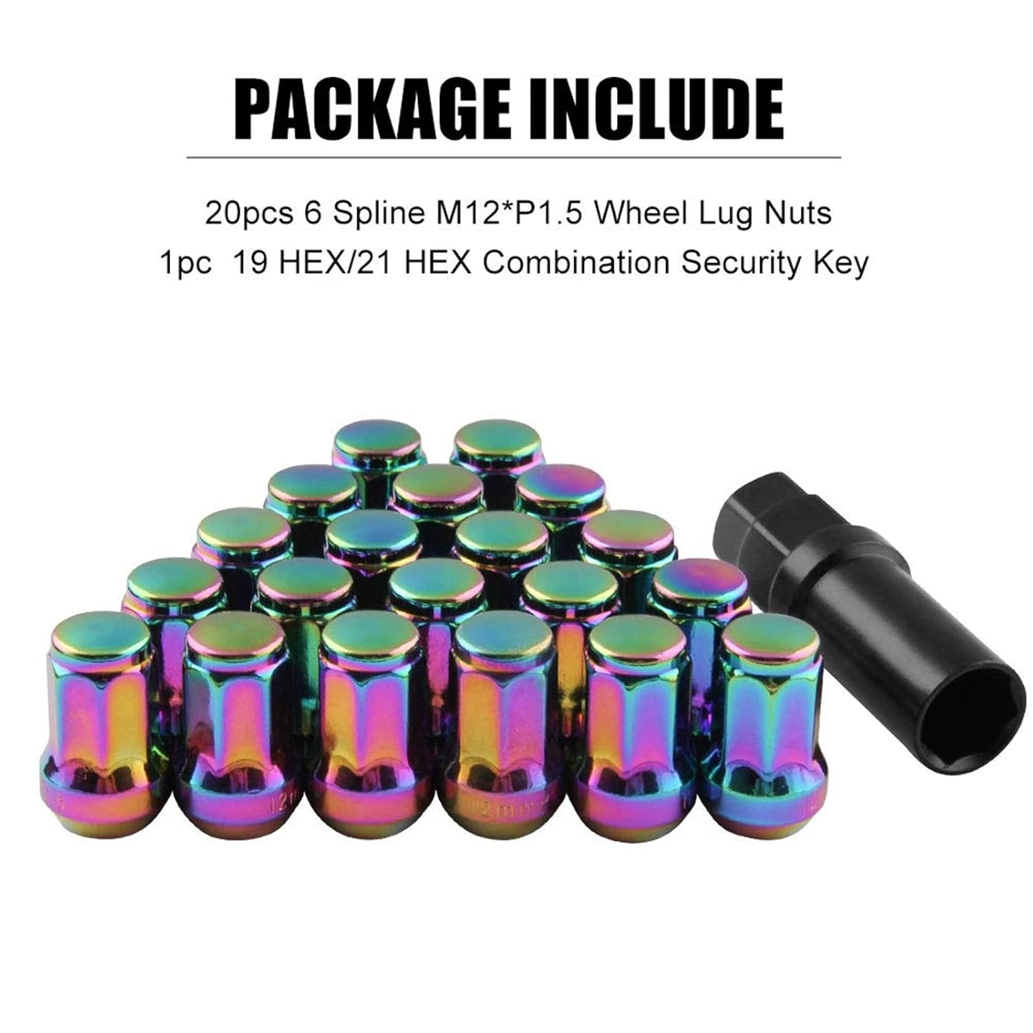 RYANSTAR 20Pcs M12x1.5 Wheel Lug Nuts, Closed End 6 Spline Nut, Bulge Acorn Cone Seat Wheel Locking Nuts, with 19 Hex and 21 Hex Security Key Multi-Color