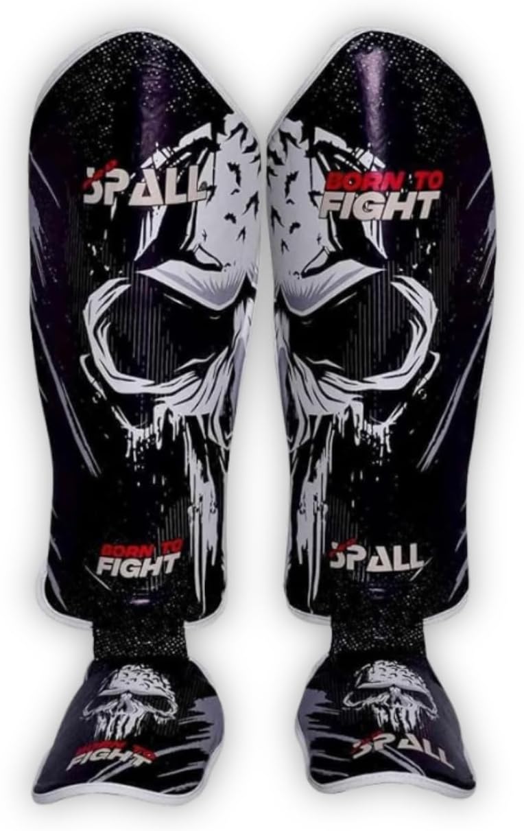 Shin Guard Born to Fight for Kickboxing, Muay Thai, MMA, Fighting and Training Pads, Instep Foam Protection, Leg Foot Protector for Martial Arts, Sparring, BJJ and Boxing Gear