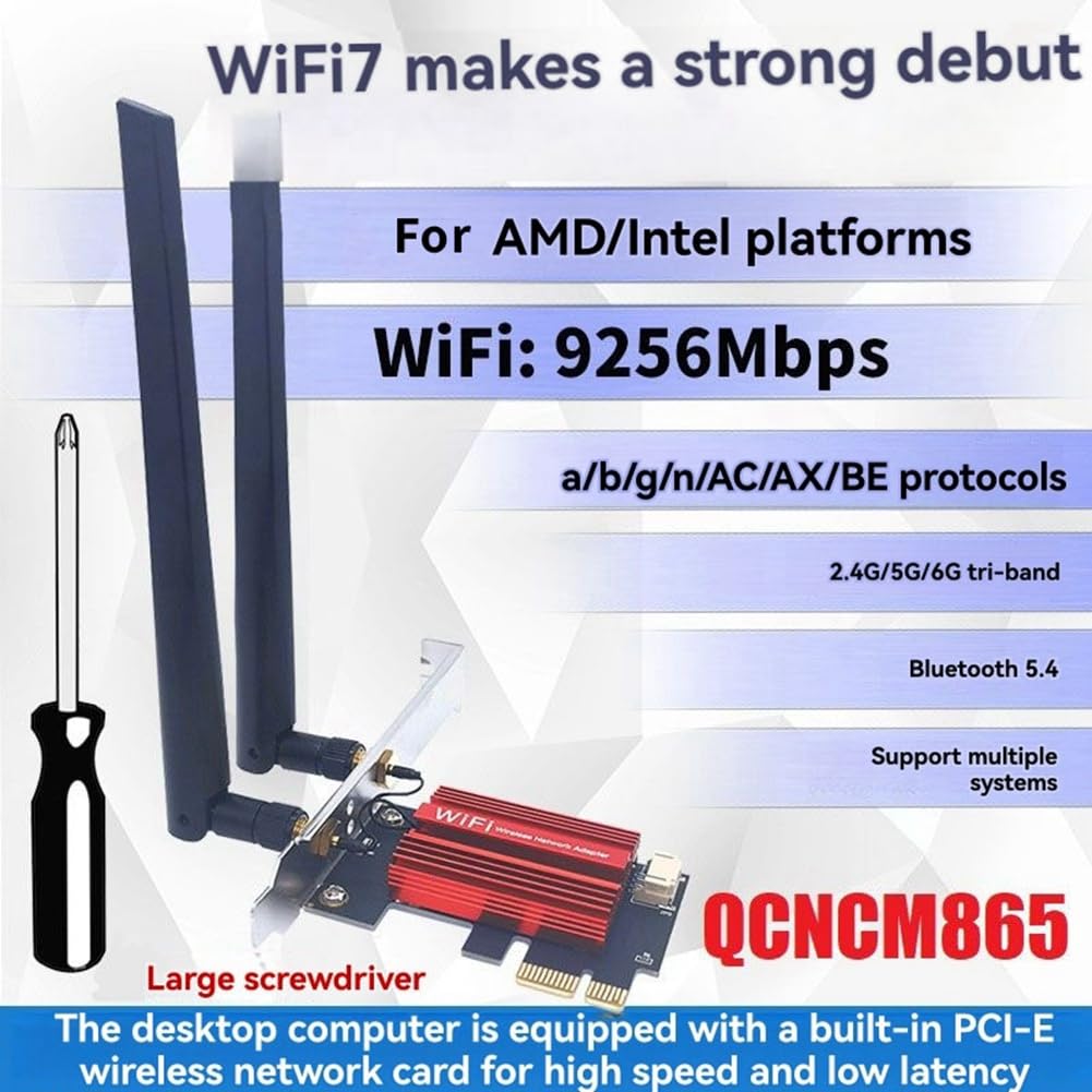 BT5.4 WiFi 7 QCNCM865 PCI-E Adaptateur 9256Mbps Kit Tri Tri Band 2.4G / 5G / 6GHz Adaptateur de Réseau sans de Bureau pour Win10 / 11
