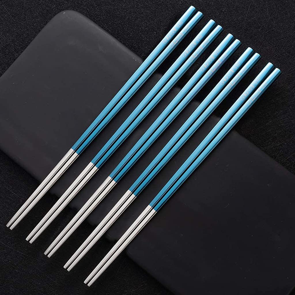 FAMMIX Palillos de acero inoxidable reutilizables, 5 pares de palitos de metal, palillos japoneses chinos coreanos, aptos para lavavajillas, juego de palillos ligeros y reutilizables para cena, azul