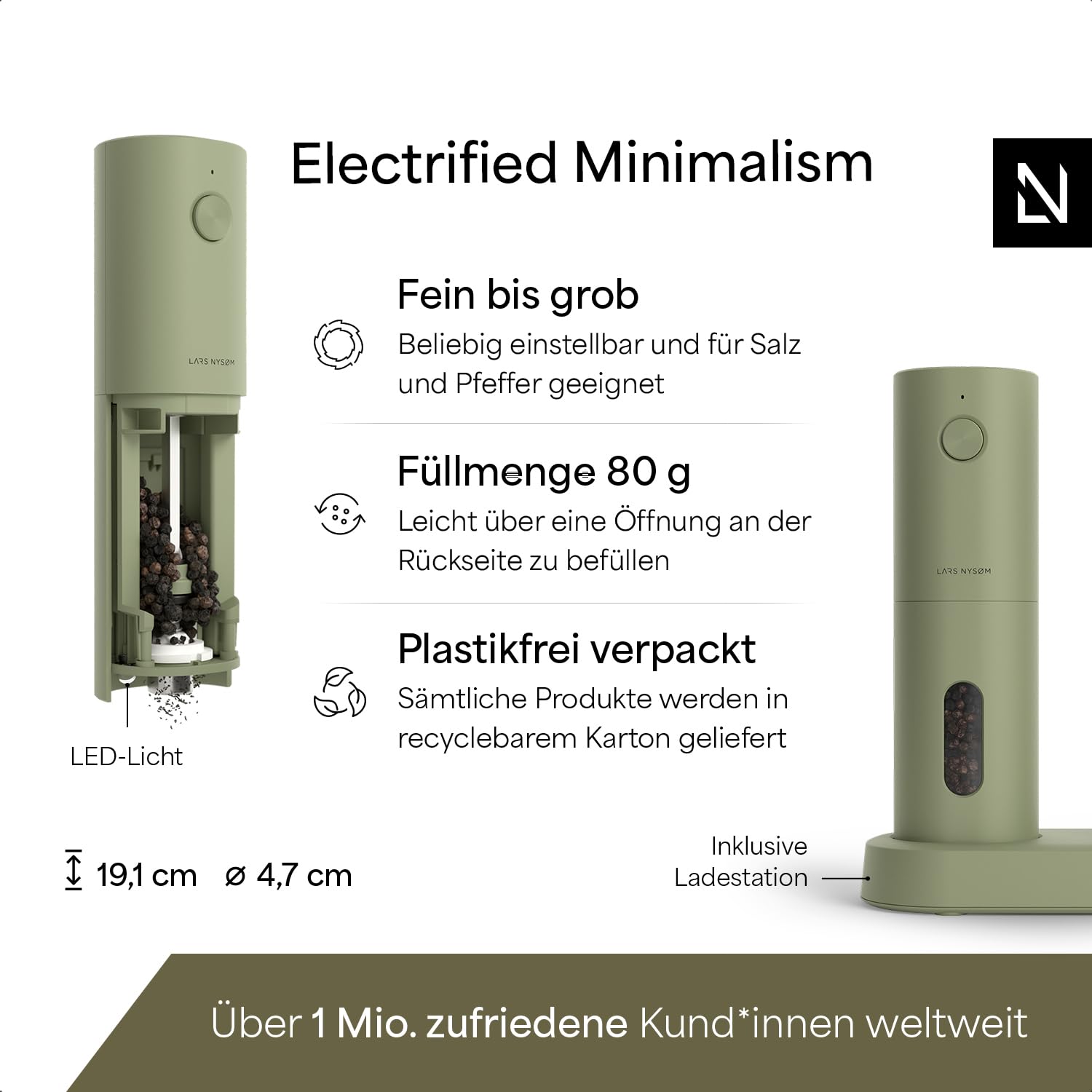 LARS NYSØM Salz und Pfeffermühlen Elektrisch Set I Keramikmahlwerk fein bis grob I USB Wiederaufladbar mit Ladestation I Automatische Salz und Pfefferstreuer I Gewürzmühlen Set (Sage Green)