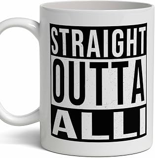 Alli Last Name Gift. Personalized, Custom "Straight Outta" Surname Sign Coffee Mug. 11 Ounces.