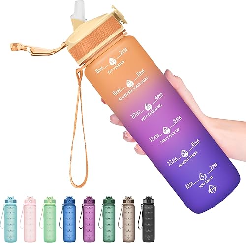 Miniatura 13 de Hyeta Botellas de agua de 32 onzas con popote, mantente motivado e hidratado con marcas de tiempos convenientes para beber, duraderas, a prueba de