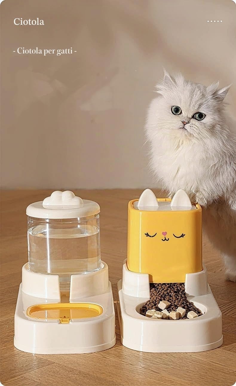 dispenser crocchette gatto,distributore cibo gatti, dispenser di cibo e irrigazione, 2 ciotole con erogatore d'acqua 2,2 l + 1,8 l (giallo)