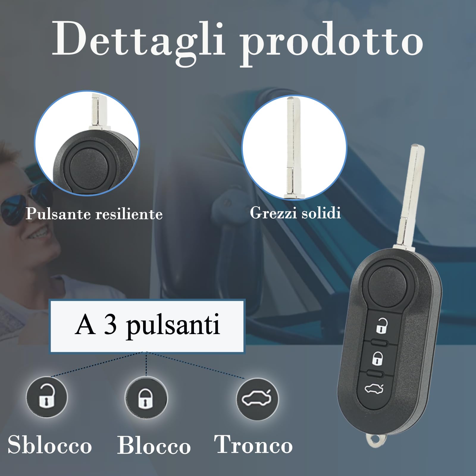 SUPALAND Guscio Chiave Di Ricambio a 3 Tasti Per Telecomando Auto Con Lama Compatibile Con Fiat 500L 500 Punto Evo Grande Bravo Panda Ducato Lancia Con 1 Cacciavite, 1 Catena Portachiavi