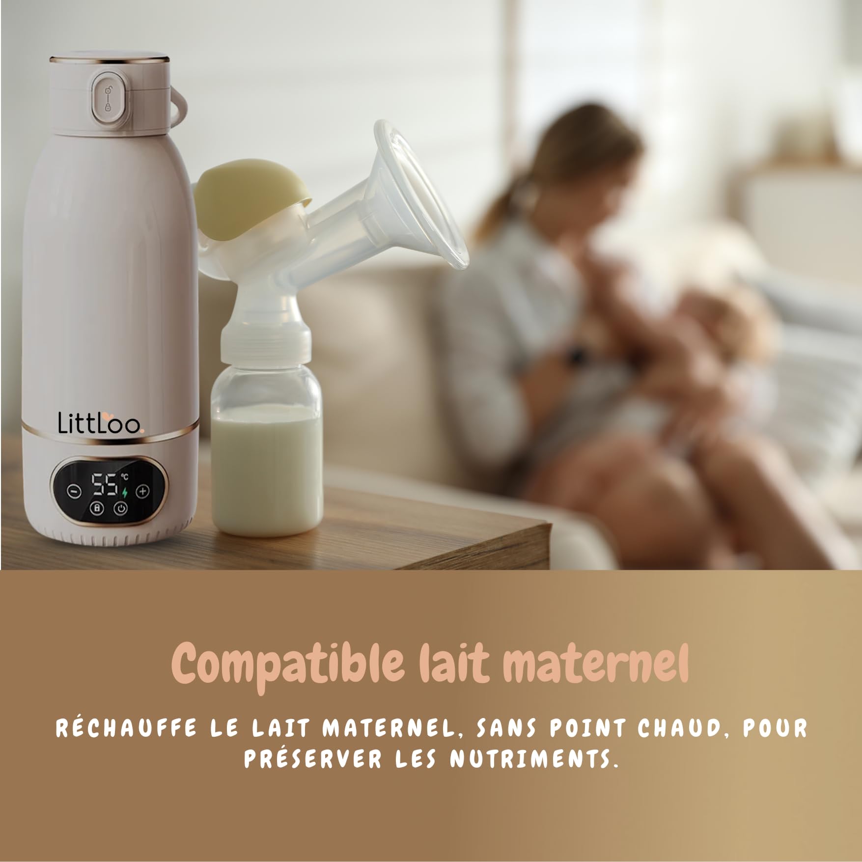 LittLoo Chauffe Biberon Sans Fil Portable, 500ml, Nomade USB-C, Température Réglable 35-65°C, Pasteurisation, Inox SUS316 Sans BPA, Autonomie 8 Biberons, Voyage Voiture Nuit, Lait Maternel