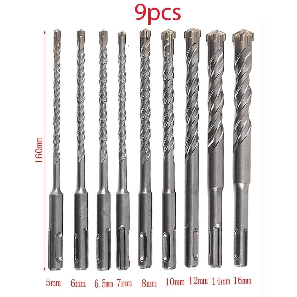 perforación rotativa de martillo, Juego de brocas for martillo perforador SDS Plus, punta cruzada 160 mm, 5-16, 4-9 piezas(9pcs)