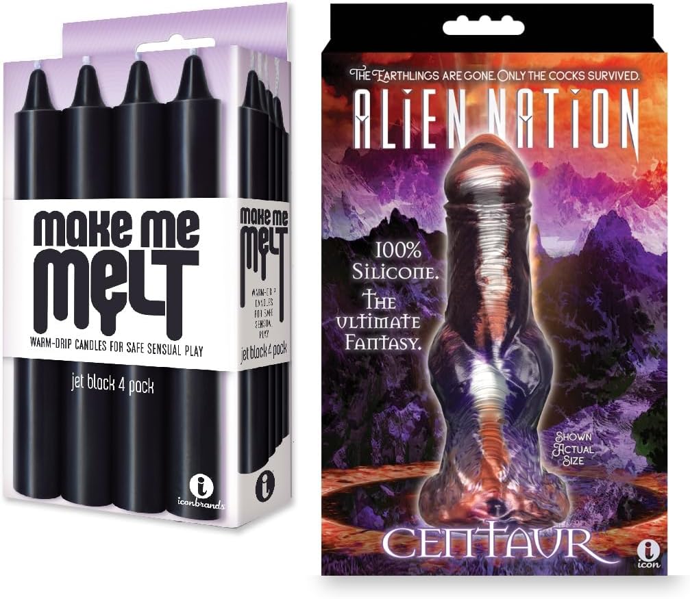 Couples Sex Toy Bundle of Make Me Melt Sensual Warm-Drip Candles, 4 Pack, Jet Black and Icon Brands Alien Nation Centaur Silicone Creature Dildo - Copper