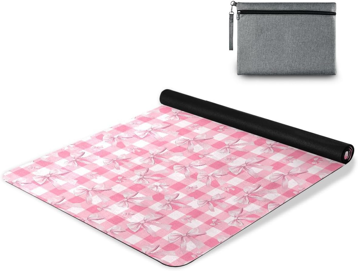 ALAZA Pink Bow Plaid Yoga Mat Non Slip Fitness Exercise Mat, Workout Mat for Yoga, Pilates and Floor Exercises